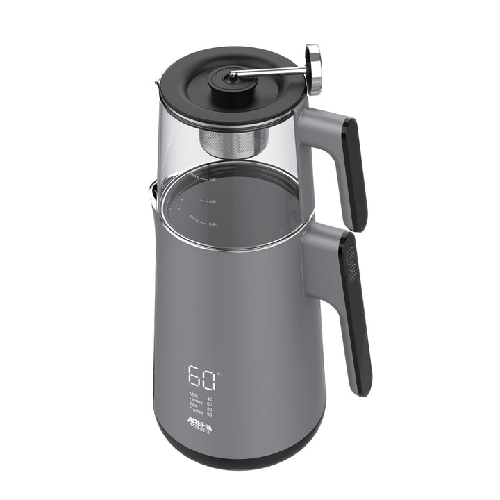 Arshia Tea Maker – 1.7L Kettle + 0.8L Glass Pot, 1500W, LED Display, Temperature Control, Gray