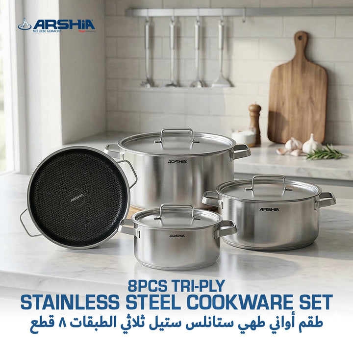 Arshia 8-Piece Tri-Ply Stainless Steel Cookware Set | Professional Non-Stick Pots & Pans Set