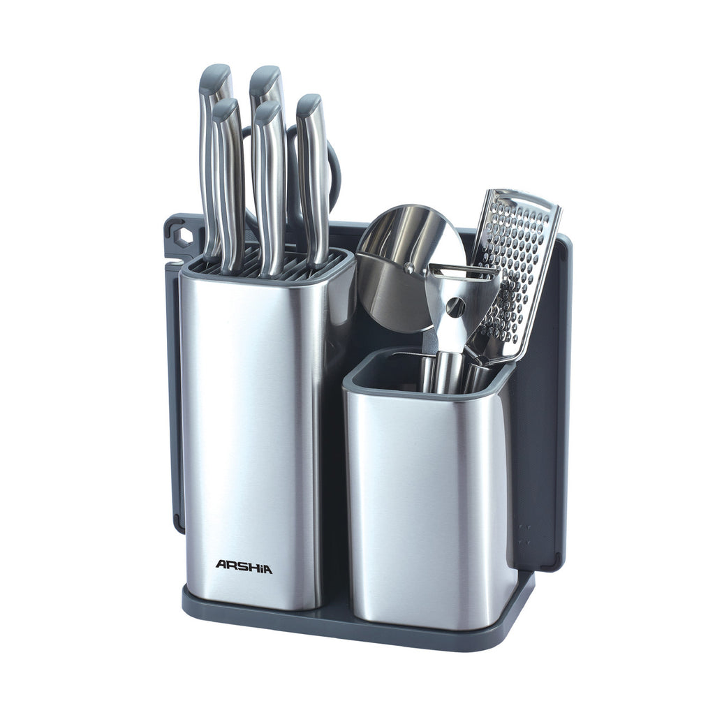 Arshia 11-piece Stainless Steel Knife Set with Cutting Board and Knife Stand