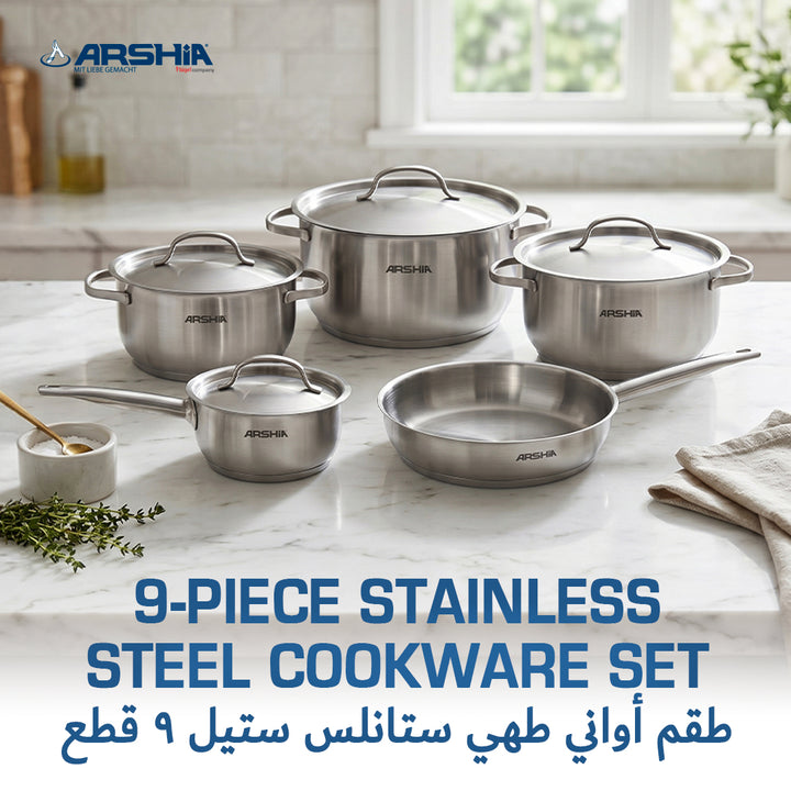 Arshia 9-Piece Stainless Steel Cookware Set with Satin-Finish Lids | Induction Compatible Pots & Fry Pan Set