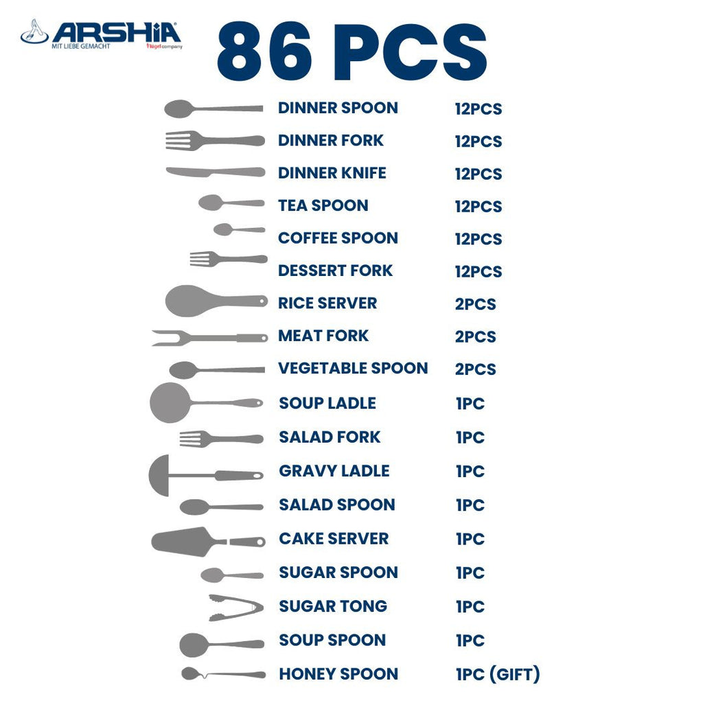 Arshia Stainless Steel Cutlery Set 86pcs Gold