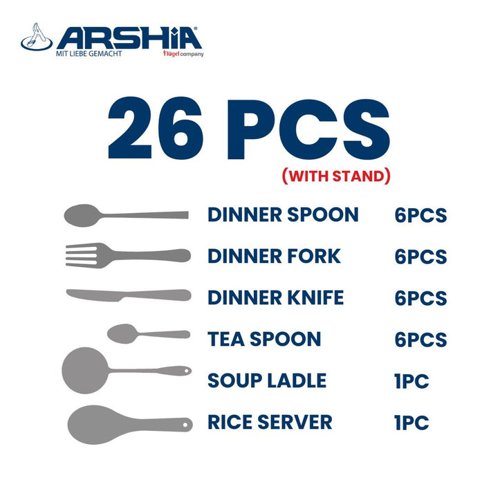 Arshia 26-piece Gold Silver Cutlery Set with Stand