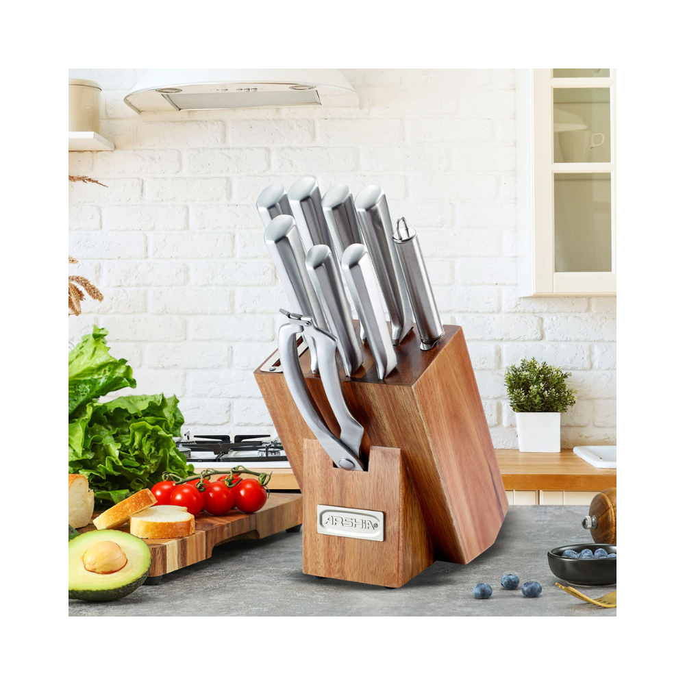 Arshia 10-Piece Stainless Steel Knife Set with Wooden Block