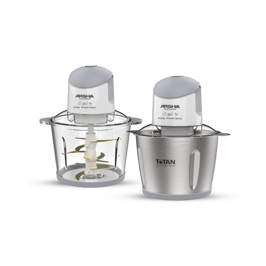 Arshia Electric Chopper 3L (White) – 600W Food Chopper with Two Bowls, Titanium Blades & Safety Switch