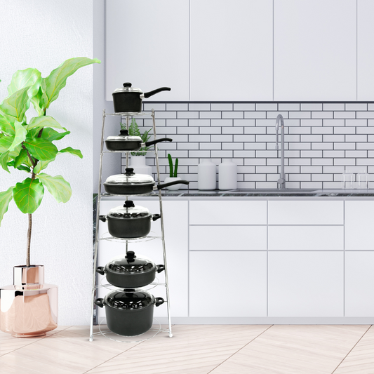 ARSHIA 6-Level Chrome Cookware Rack – 1.3m Stainless Steel Stand for Pots & Pans, Easy Install