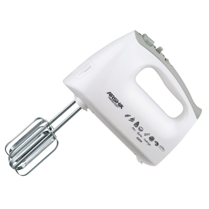 Arshia Hand Mixer – 400W, 5-Speed with Turbo, Stainless Steel Beaters & Dough Hooks, Ergonomic Lightweight Design – White