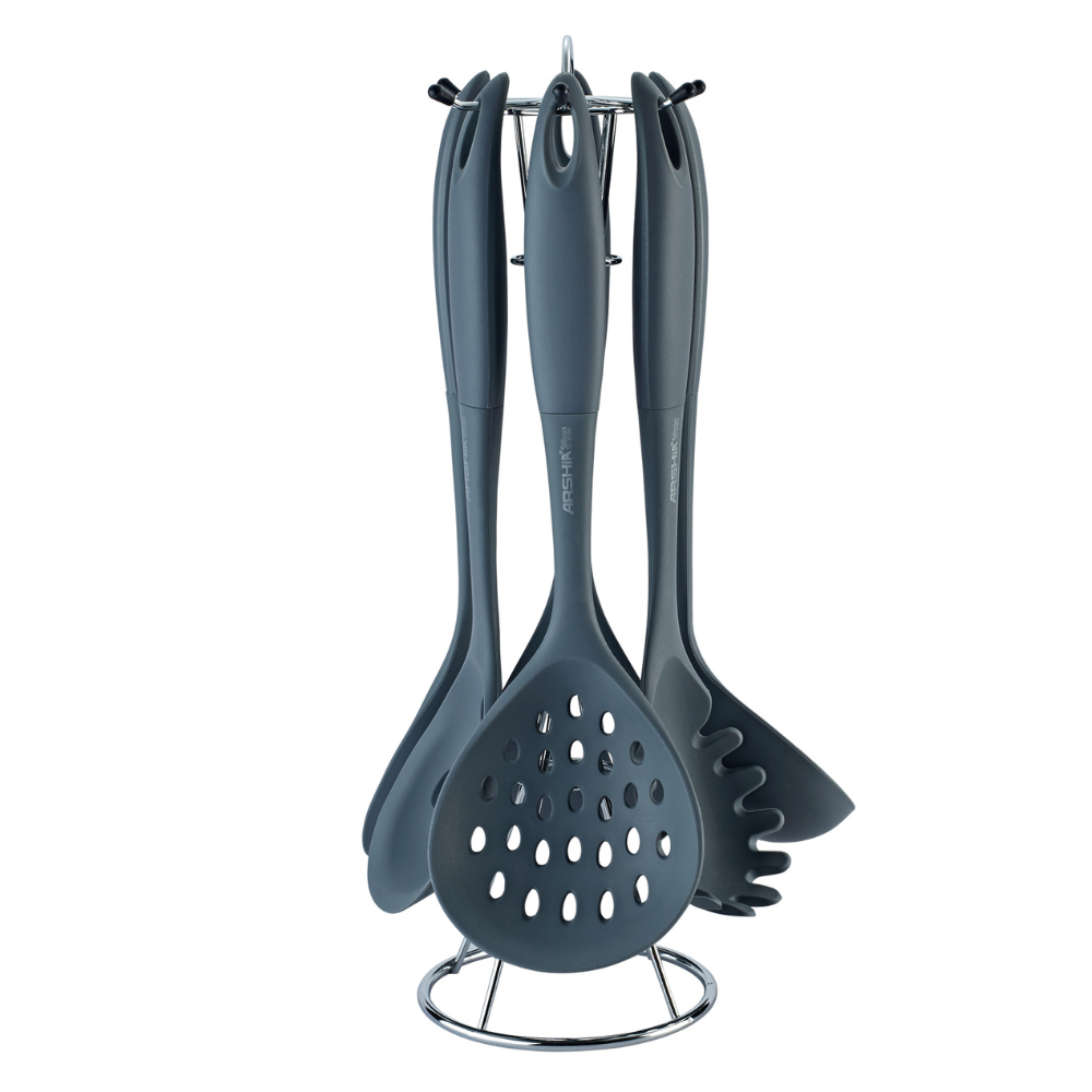 Arshia 7-Piece Gray Silicone Utensil Set with Wire Stand – Heat-Resistant & Non-Stick Safe