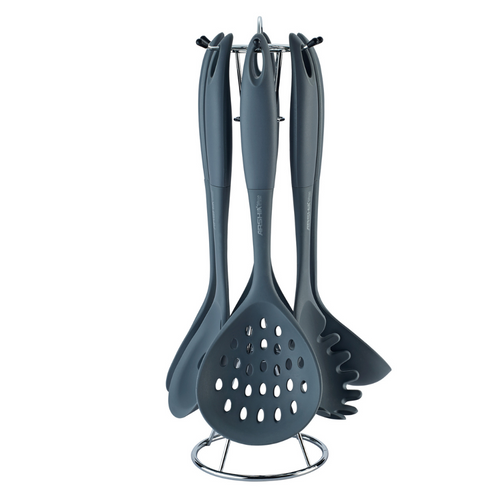 Arshia 7-Piece Gray Silicone Utensil Set with Wire Stand – Heat-Resistant & Non-Stick Safe