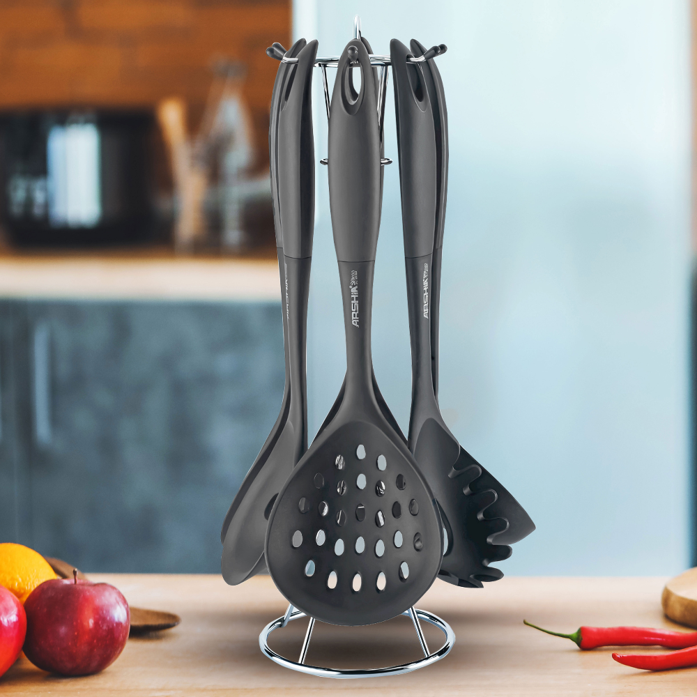 Arshia 7-Piece Gray Silicone Utensil Set with Wire Stand – Heat-Resistant & Non-Stick Safe