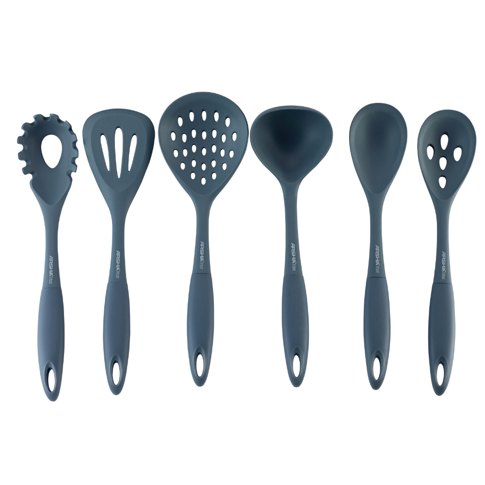 Arshia 7-Piece Gray Silicone Utensil Set with Wire Stand – Heat-Resistant & Non-Stick Safe