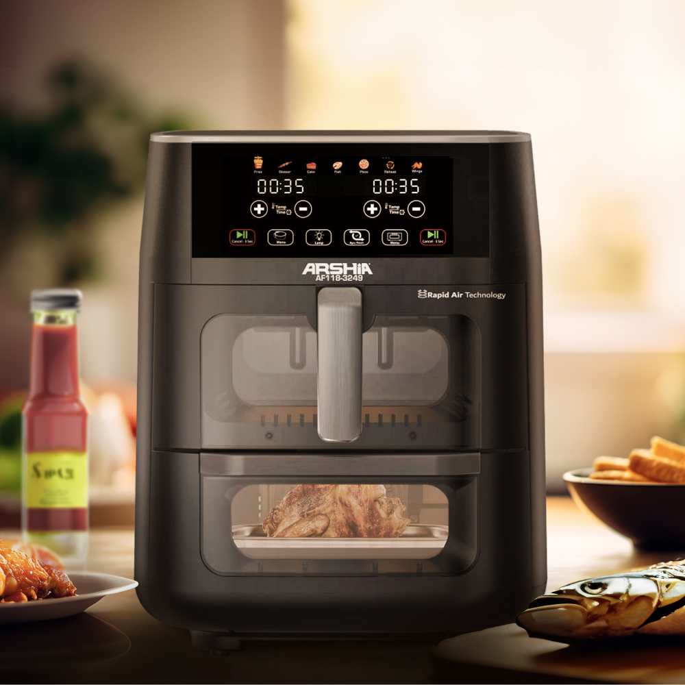 Arshia Dual X Cyclone Air Fryer – 11L Extra Capacity, 1850W Power, Sync Finish Function, Visible Window