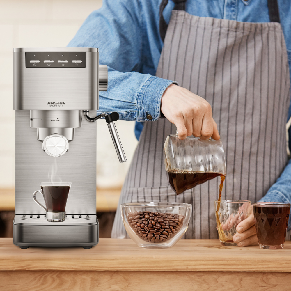 Arshia Espresso Machine EM050 Arshia Espresso Machine EM050 – 20 Bar Pressure, 1100W Power, 1.5L Water Tank, Dual Filter System