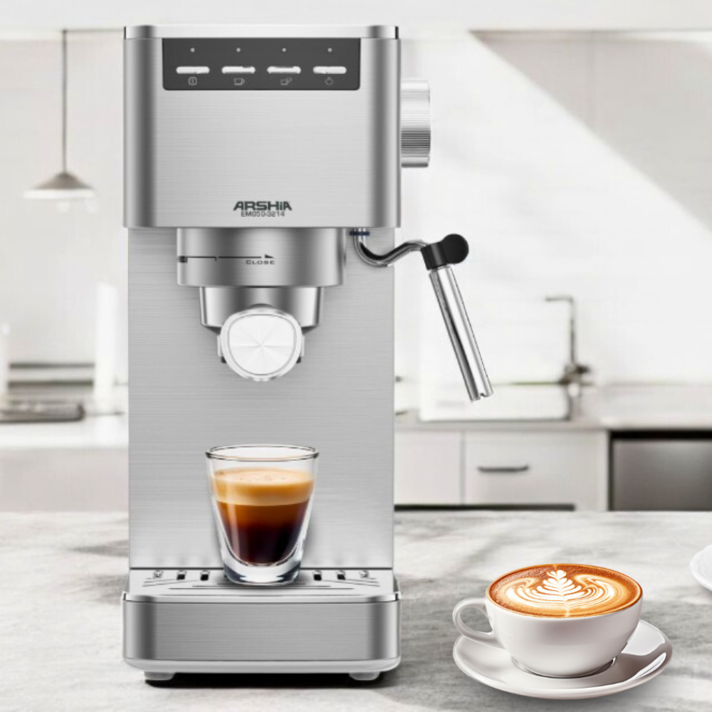 Arshia Espresso Machine EM050 Arshia Espresso Machine EM050 – 20 Bar Pressure, 1100W Power, 1.5L Water Tank, Dual Filter System