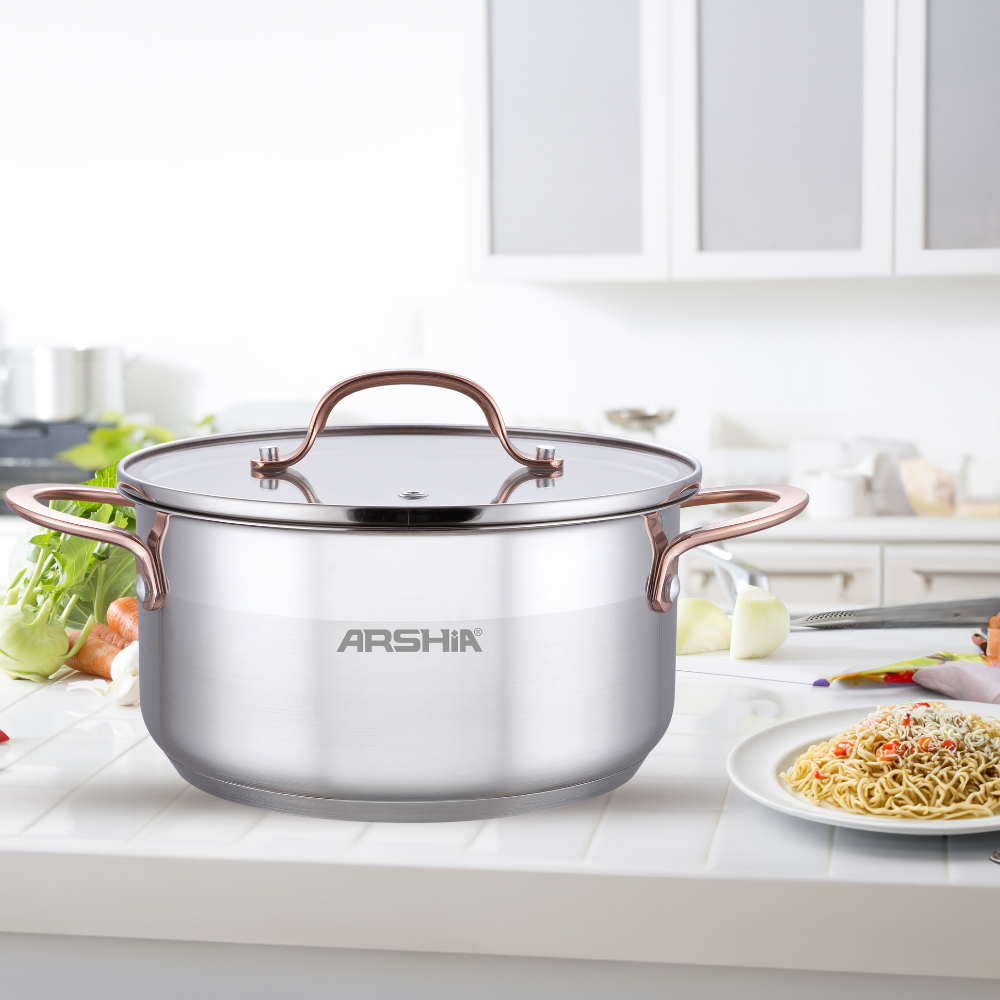 Arshia 32cm Stainless Steel Casserole with Dual Lids – Mirror Finish & Aluminum Base