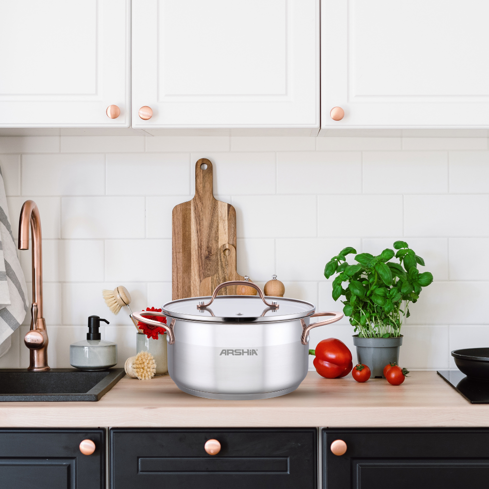 Arshia 32cm Stainless Steel Casserole with Dual Lids – Mirror Finish & Aluminum Base