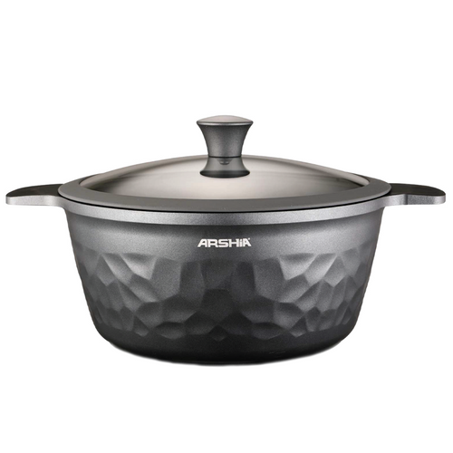 Arshia CO110 Die-Cast Aluminum Casserole with Lid – Silver Diamond Design, Teflon Non-Stick Interior, Soft-Touch Knob