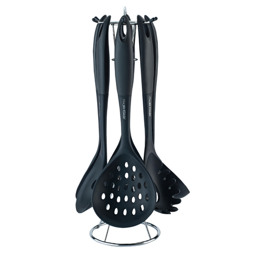 ARSHIA 7-Piece Black Nylon Utensil Set UL135 – Heat Resistant, Nonstick Safe, with Stand