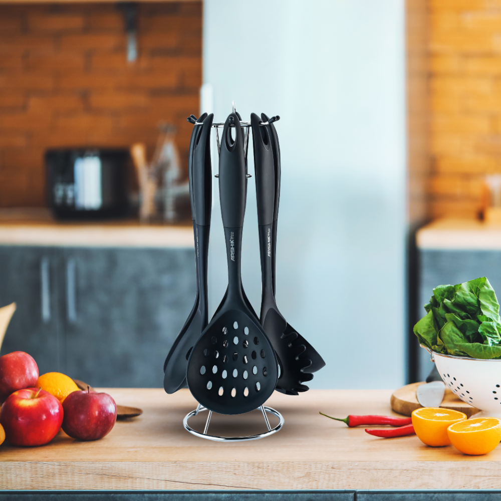 ARSHIA 7-Piece Black Nylon Utensil Set UL135 – Heat Resistant, Nonstick Safe, with Stand