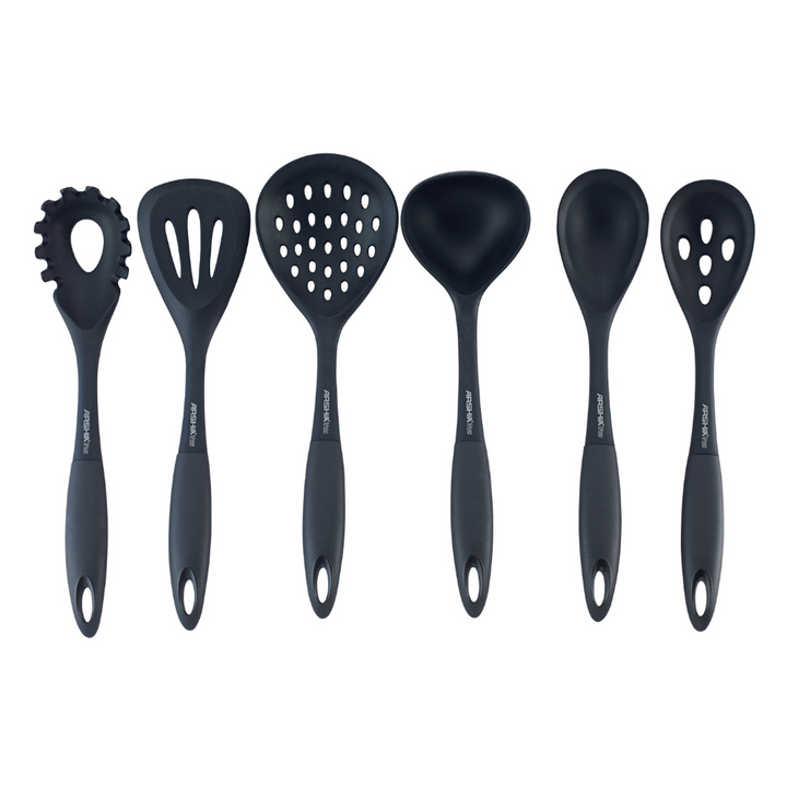 ARSHIA 7-Piece Black Nylon Utensil Set UL135 – Heat Resistant, Nonstick Safe, with Stand