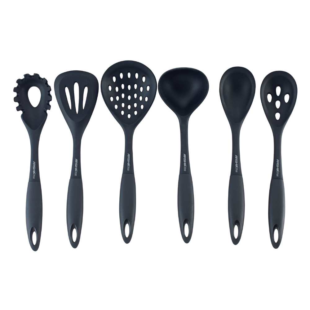 ARSHIA 7-Piece Black Nylon Utensil Set UL135 – Heat Resistant, Nonstick Safe, with Stand