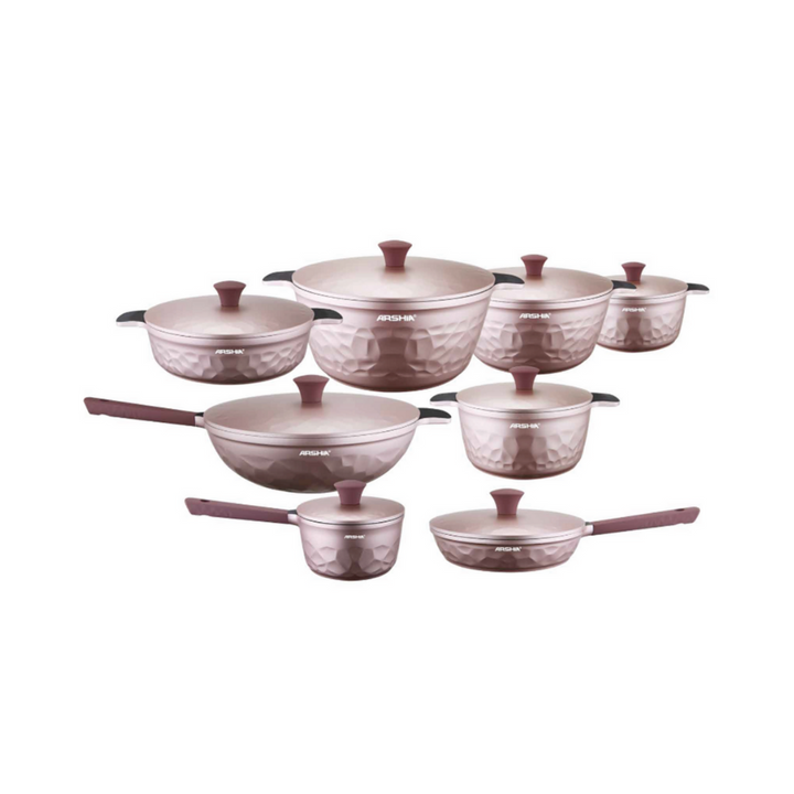 Arshia 16-Piece Pink Diamond Cookware Set – Premium Die-Cast Aluminium with Teflon Select Non-Stick | Stylish, Durable & Heat-Efficient