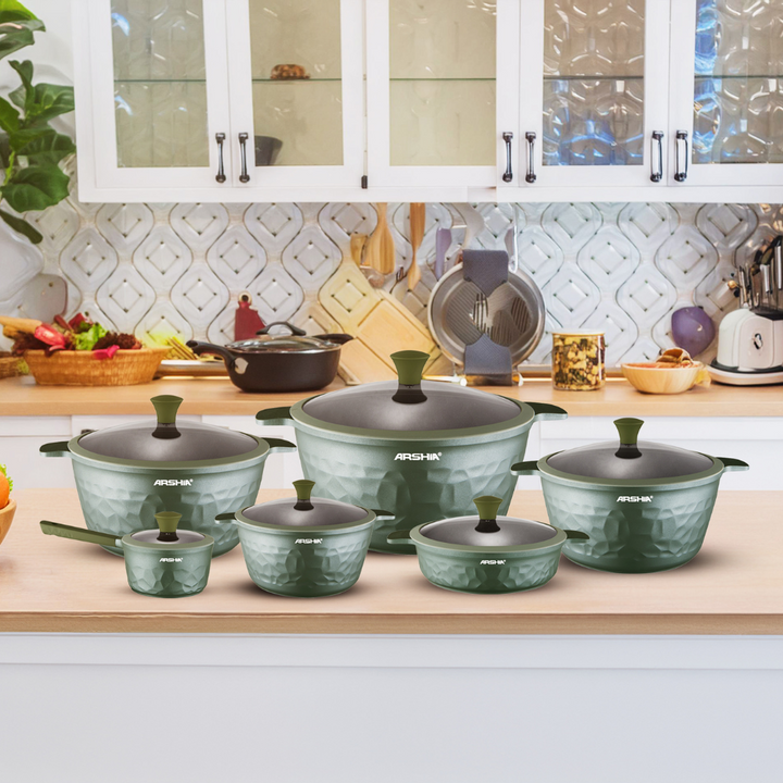 Arshia Premium Die-Casted Aluminium Green Diamond Cookware Set 12pcs – Non-Stick, Durable, Elegant Design