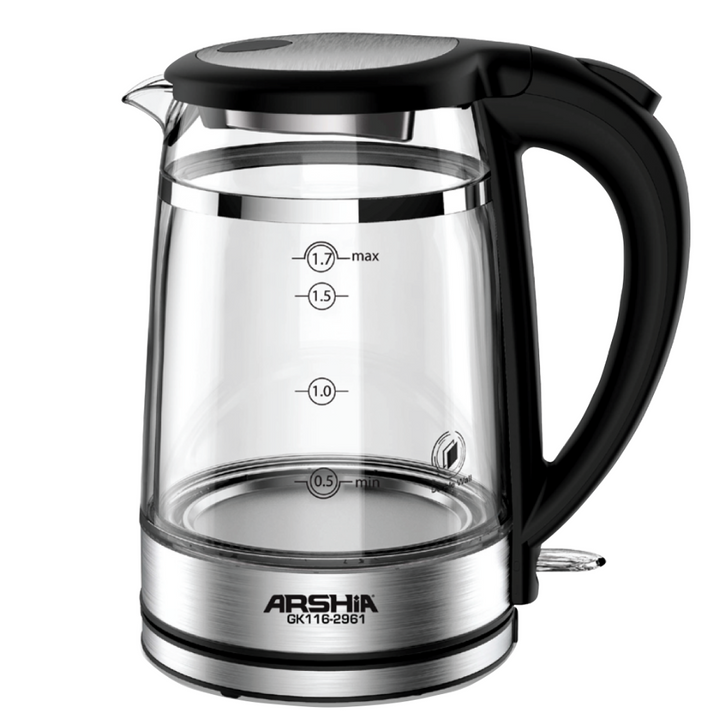 Arshia 1.7L Premium Double-Layer Glass Kettle – 1800W, Fast Boil, Strix Control, Auto Shut-Off, Blue Light, Cord Storage