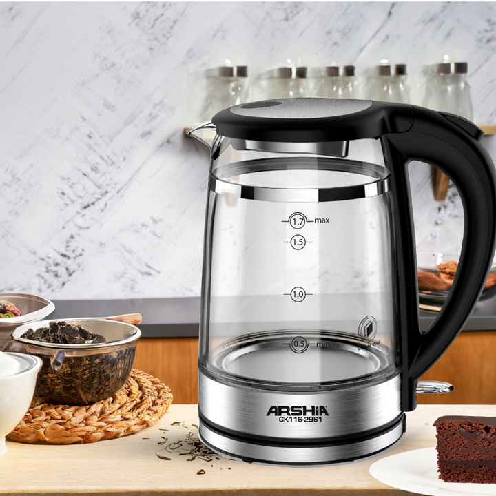 Arshia 1.7L Premium Double-Layer Glass Kettle – 1800W, Fast Boil, Strix Control, Auto Shut-Off, Blue Light, Cord Storage