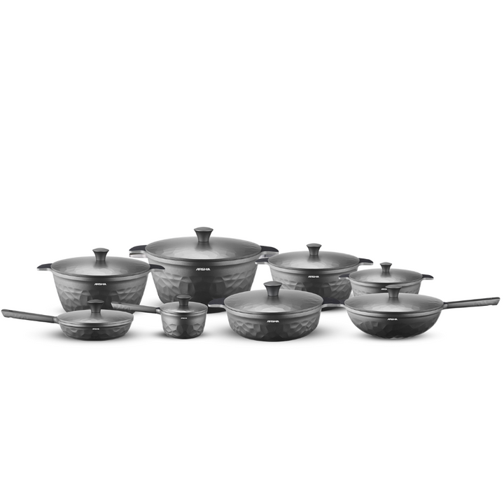 Arshia 16-Piece Gray Diamond Cookware Set – Premium Die-Cast Aluminium with Teflon Select Non-Stick | Durable, Stylish & Heat-Efficient