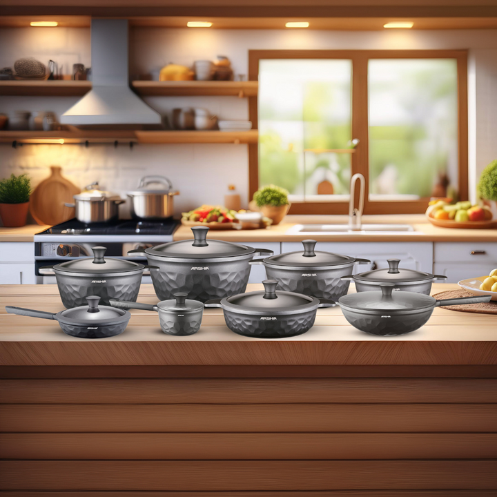 Arshia 16-Piece Gray Diamond Cookware Set – Premium Die-Cast Aluminium with Teflon Select Non-Stick | Durable, Stylish & Heat-Efficient