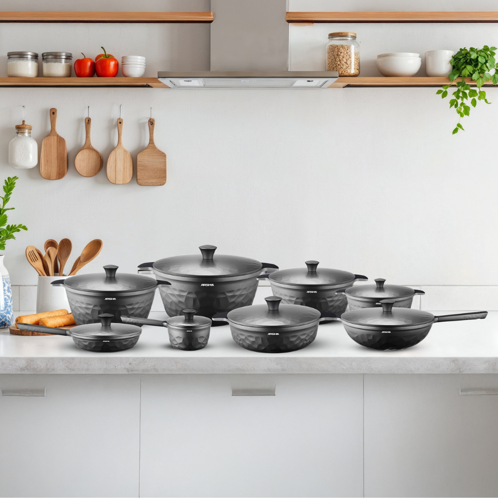 Arshia 16-Piece Gray Diamond Cookware Set – Die-Cast Aluminum with Teflon Select Coating