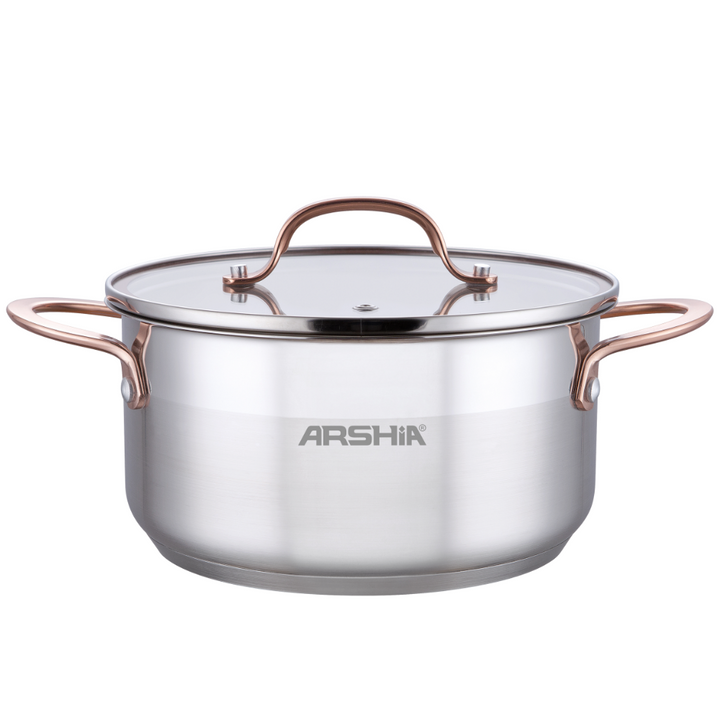 Arshia 20cm Stainless Steel Casserole with Dual Lids – Polished Finish & Aluminum Base