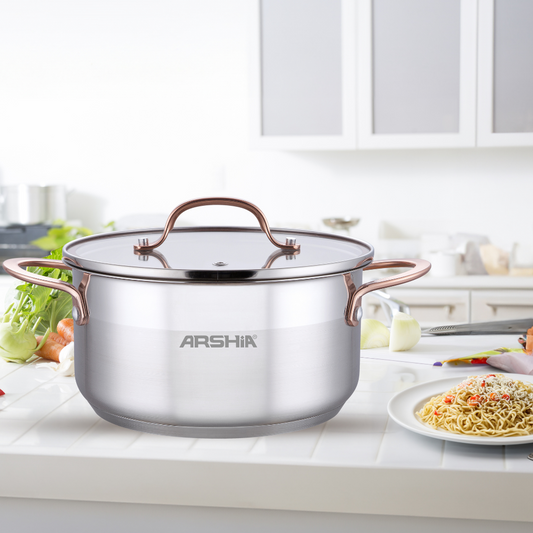 Arshia 22cm Stainless Steel Casserole with Double Lids – Glass & Steel Covers, Ergonomic Handles, Aluminum Base