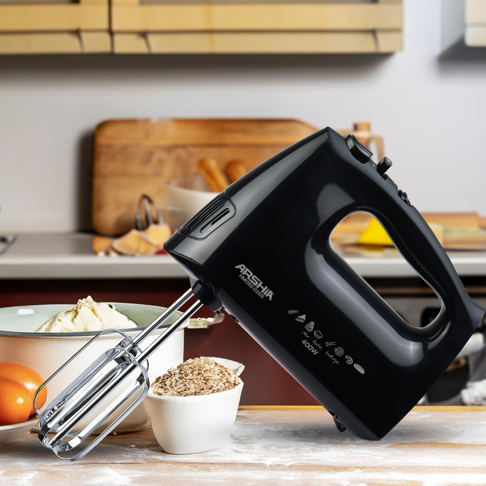 Arshia Hand Mixer – 400W, 5-Speed Settings, Dough Hooks & Beaters Included – Black