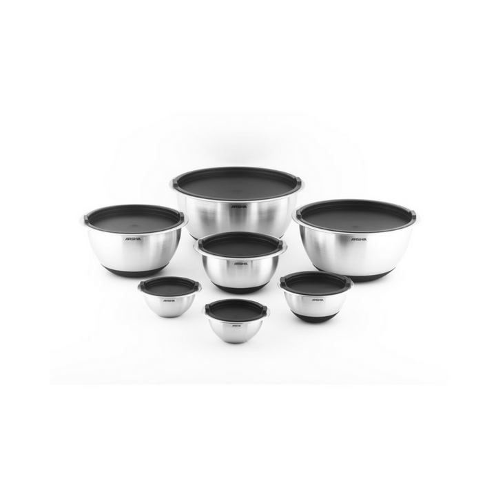 Arshia 14-Piece Stainless Steel Mixing Bowl Set with Airtight Lids – Non-Slip Silicone Base, Mirror Interior, Matte Exterior, Multi-Size Nesting Bowls