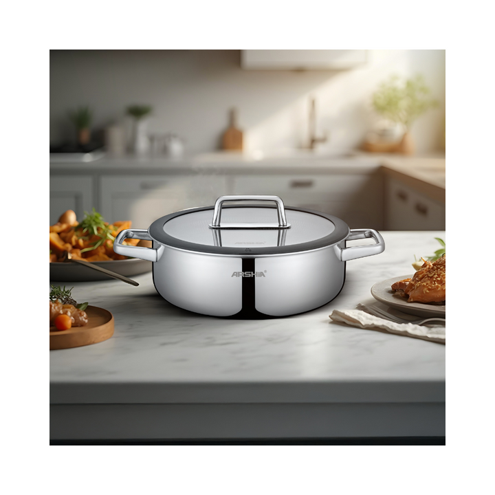 Arshia Cookwares Pans Shallow Pan Triply Stainless Steel Shallow Pan with Lid 24cm Premium Quality