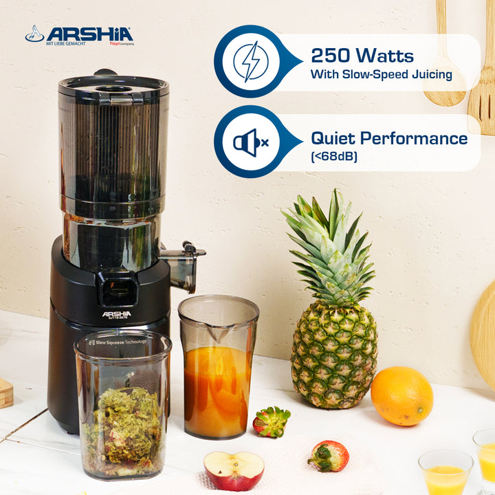 Arshia Juicer Machine Slow Juicer 250W – Cold Press Masticating, 130mm Wide Chute, Triple Filter, Quiet 68dB, Juice & Pulp Cups (Grey/Black)