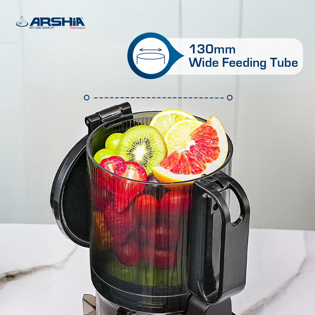 Arshia Juicer Machine Slow Juicer 250W – Cold Press Masticating, 130mm Wide Chute, Triple Filter, Quiet 68dB, Juice & Pulp Cups (Grey/Black)