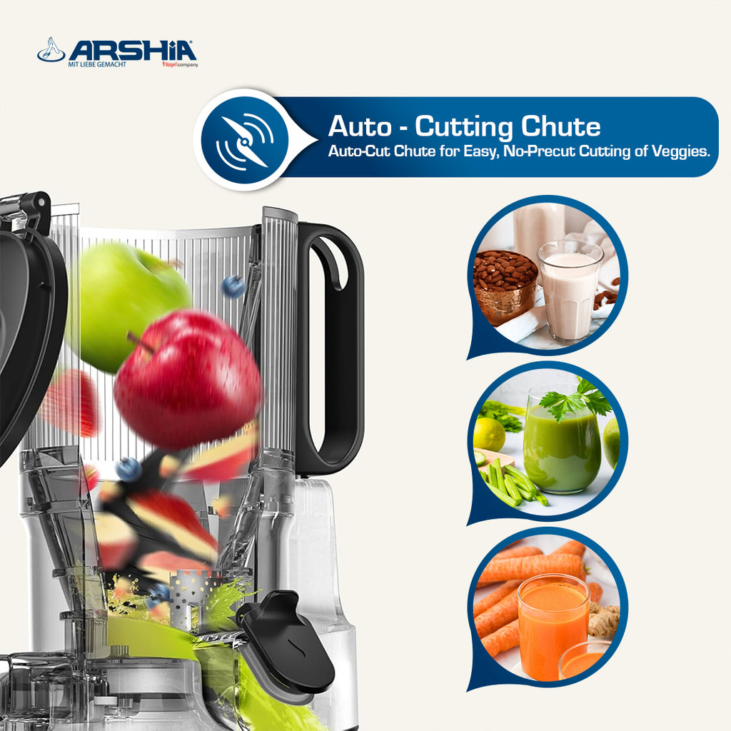 Arshia Juicer Machine Slow Juicer 250W – Cold Press Masticating, 130mm Wide Chute, Triple Filter, Quiet 68dB, Juice & Pulp Cups (Grey/Black)