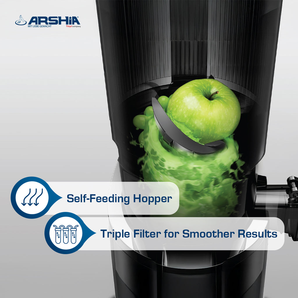 Arshia Juicer Machine Slow Juicer 250W – Cold Press Masticating, 130mm Wide Chute, Triple Filter, Quiet 68dB, Juice & Pulp Cups (Grey/Black)