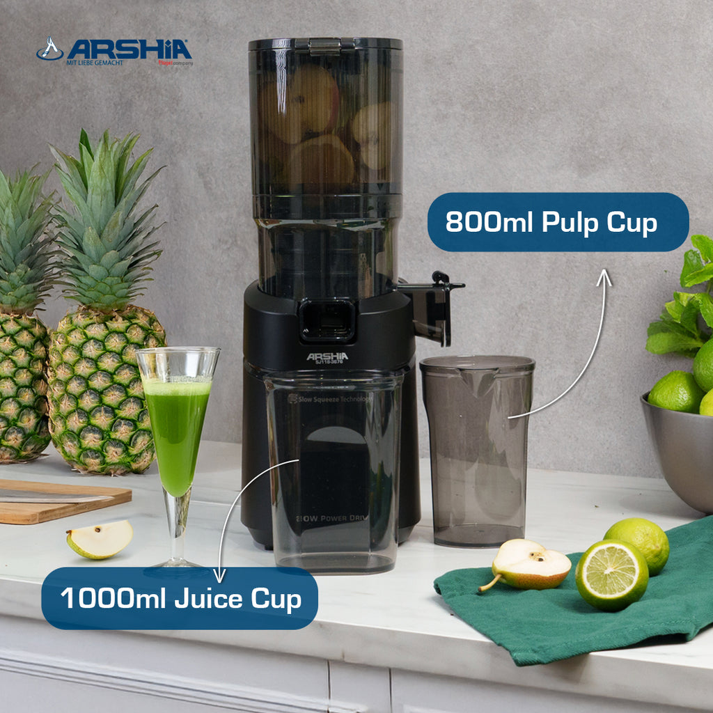 Arshia Juicer Machine Slow Juicer 250W – Cold Press Masticating, 130mm Wide Chute, Triple Filter, Quiet 68dB, Juice & Pulp Cups (Grey/Black)