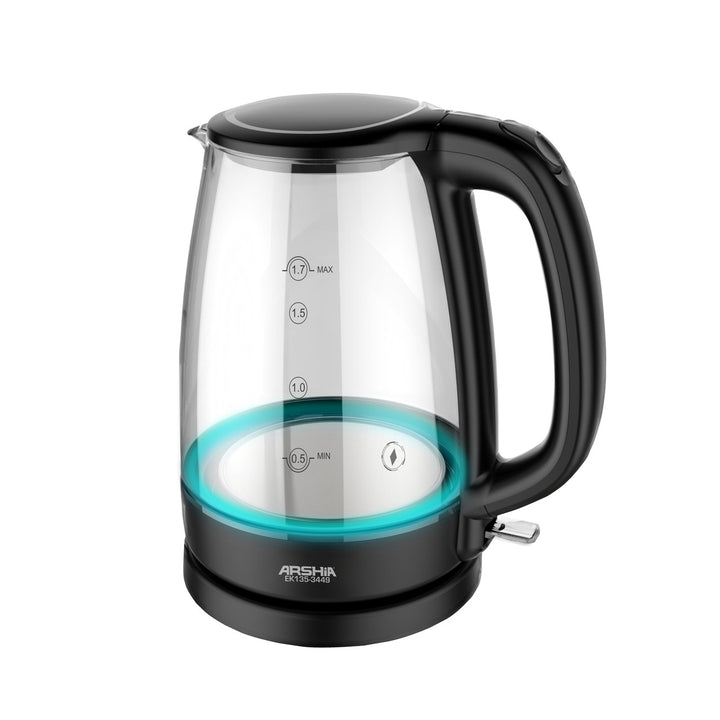 Arshia 1.7L Glass Electric Kettle. Features 2200W power, push-button lid, 360° base, neon indicator, and dry boil protection. Stylish and durable