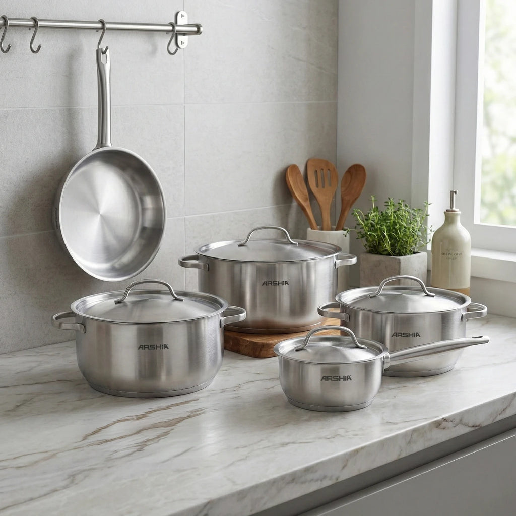 Arshia 9-Piece Stainless Steel Cookware with satin-finish lid