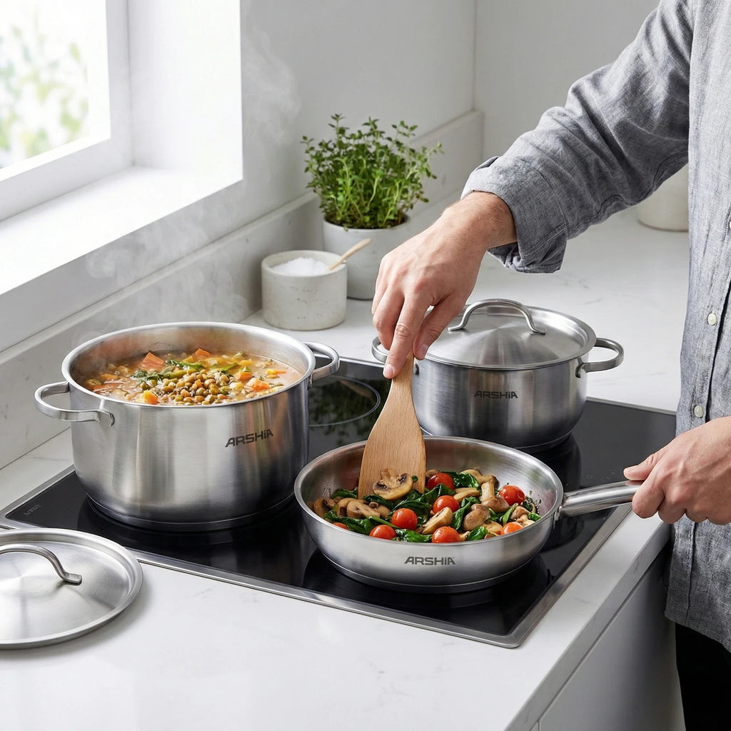 Arshia 9-Piece Stainless Steel Cookware with satin-finish lid