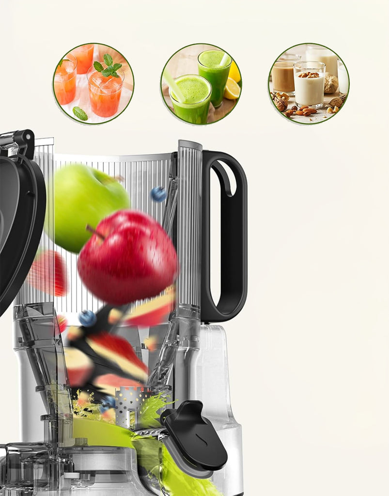 Arshia Slow Juicer 250W – Cold Press Masticating Juicer , 130mm Extra Wide Chute, Triple Filter, Quiet 68dB, Juice & Pulp Cups Included (Grey/Black)