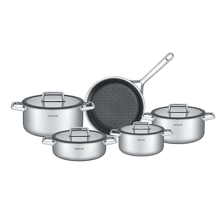Arshia 9-Piece Stainless Steel Cookware Set – Premium Non-Stick Etched Surface, Oven-Safe, Induction Compatible
