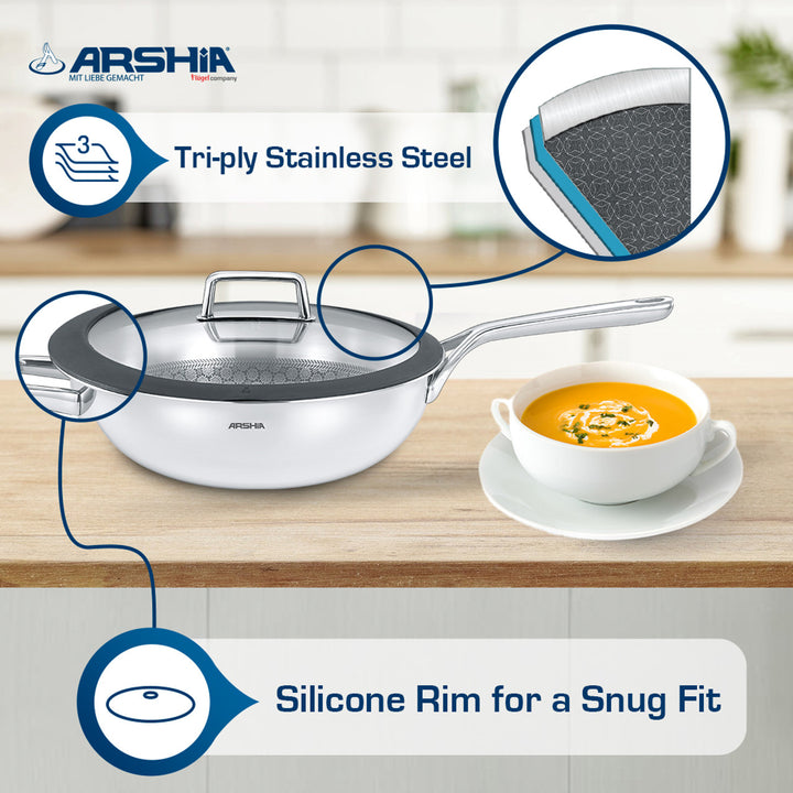 Arshia 9-Piece Stainless Steel Cookware Set – Premium Non-Stick Etched Surface, Oven-Safe, Induction Compatible