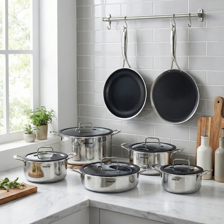 Kitchenware Cookware Set 12-Piece Hybrid Stainless Steel Non-Stick | Induction Compatible, Durable Cooking Set