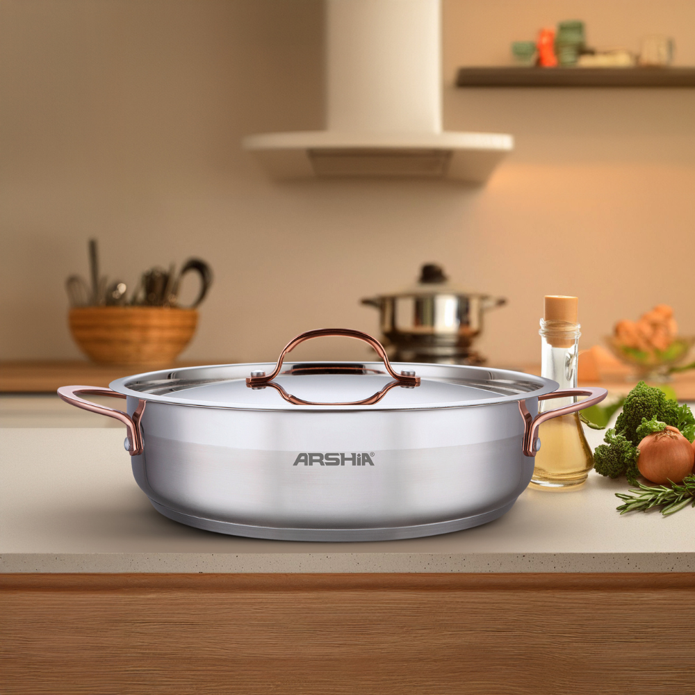 Arshia 32cm Double Handle Frypan with 2 Lids – Premium 18/10 Stainless Steel, Glass & Steel Lids, Durable & Versatile