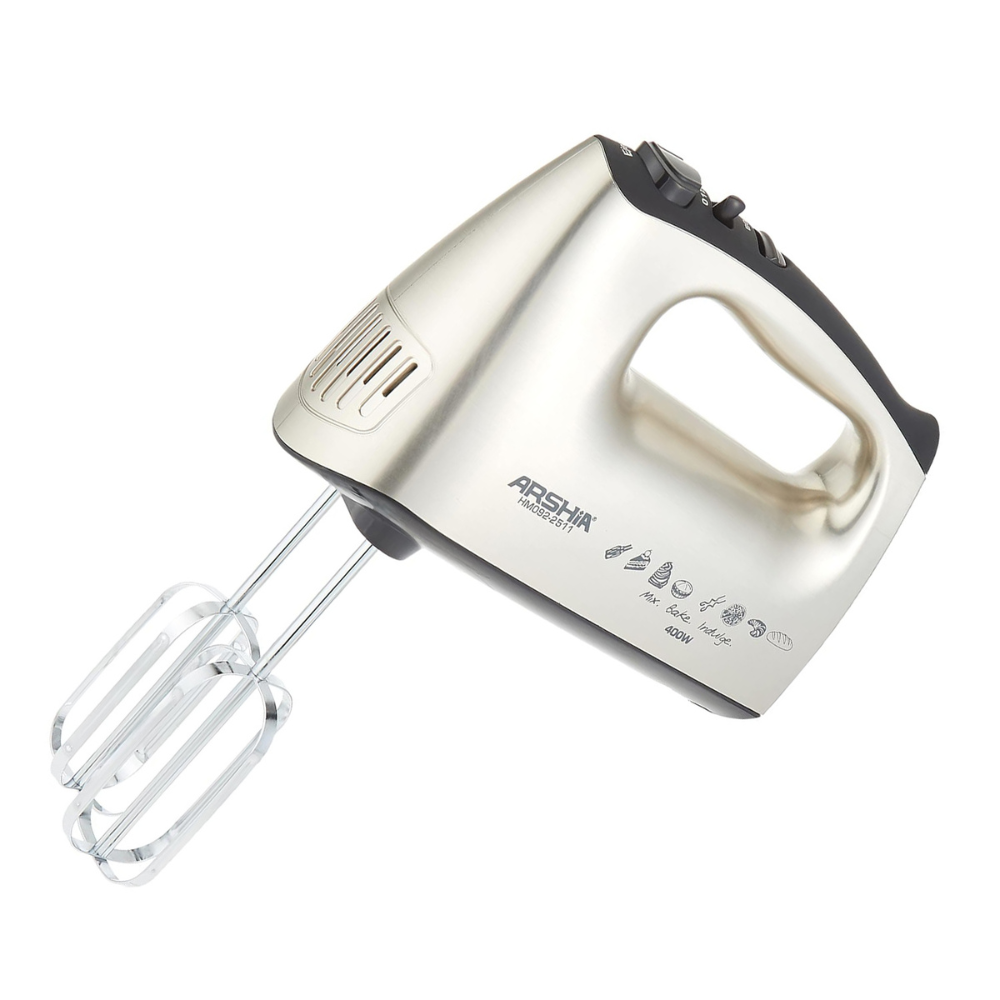 Arshia Hand Mixer Gold – 400W, 5 Speeds + Turbo, Stainless Steel Beaters & Dough Hooks